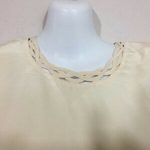 Ellen Ashley Womens Silk Cream Beige Short Sleeve Blouse Braided Neck Top Medium
